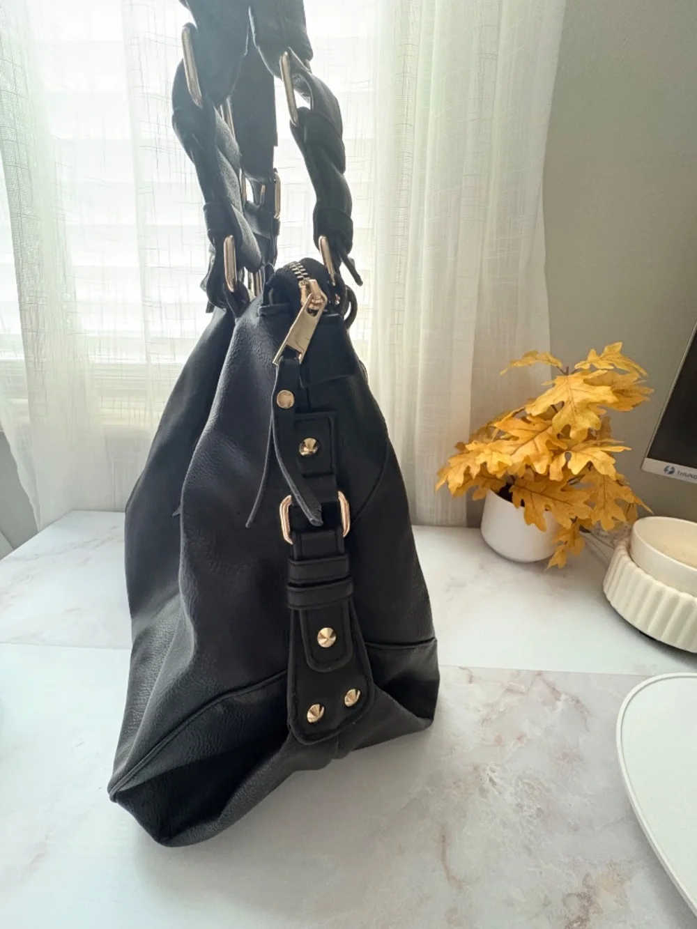 Miss Gustto Black Faux Leather Hobo Bag with Gold Chain & Braided Details